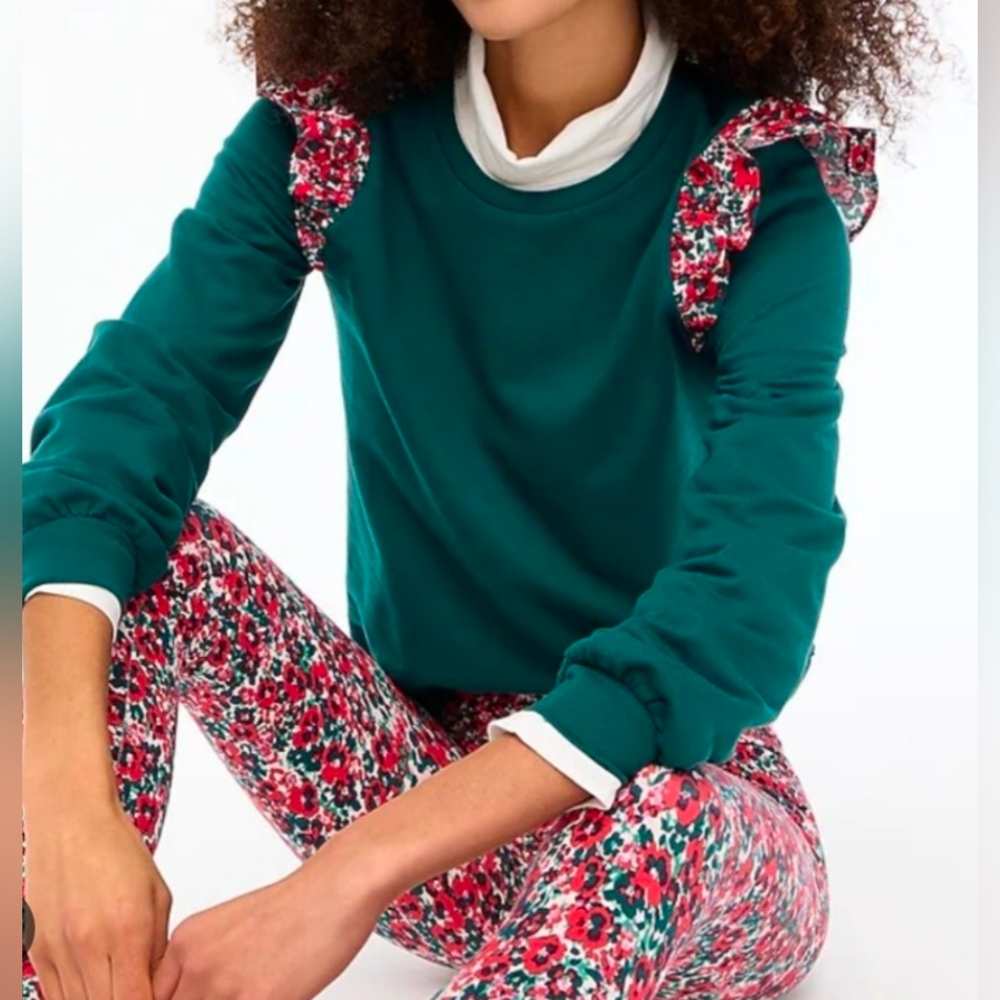 J. Crew Women's Ruffle Shoulder Sweatshirt in the color Academic Green